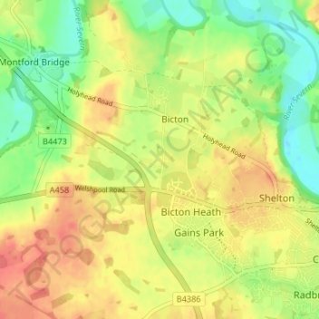 Mappa topografica Calcott, altitudine, rilievo