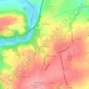 Mappa topografica Mühlberg, altitudine, rilievo