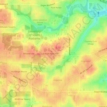 Mappa topografica West Hill, altitudine, rilievo