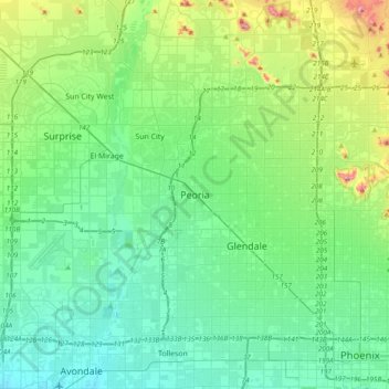Mappa topografica Peoria, altitudine, rilievo