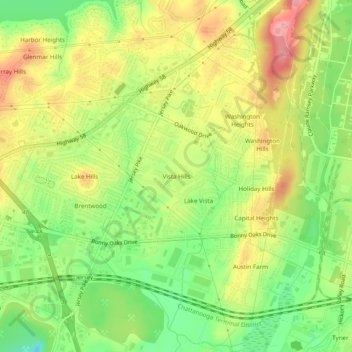 Mappa topografica Vista Hills, altitudine, rilievo
