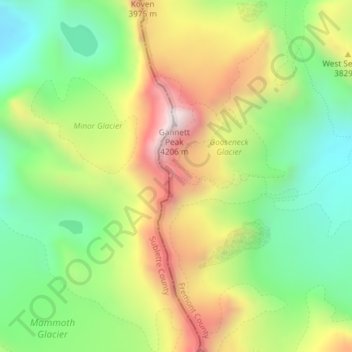 Mappa topografica Wind River Range, altitudine, rilievo