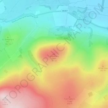 Mappa topografica Yeavering Bell, altitudine, rilievo