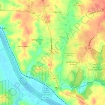 Mappa topografica Goochland, altitudine, rilievo