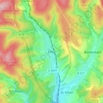 Mappa topografica Erlau, altitudine, rilievo