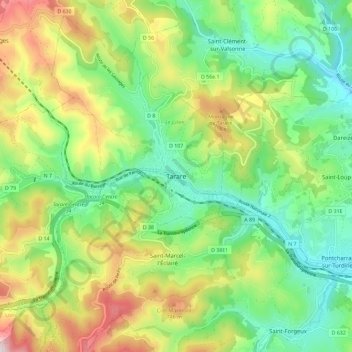 Mappa topografica Tarare, altitudine, rilievo