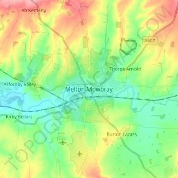 Mappa topografica Melton Mowbray, altitudine, rilievo