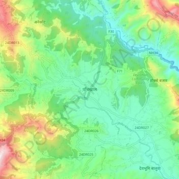 Mappa topografica पाँचखाल, altitudine, rilievo