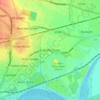 Mappa topografica Cuerdley Cross, altitudine, rilievo