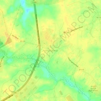 Mappa topografica Prince George, altitudine, rilievo