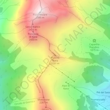 Mappa topografica Pizzo di Nara, altitudine, rilievo