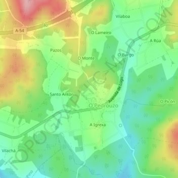 Mappa topografica O Reboredo, altitudine, rilievo