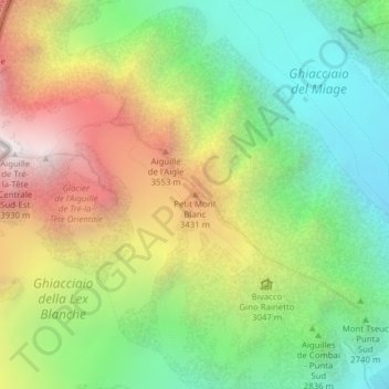 Mappa topografica Petit Mont Blanc, altitudine, rilievo