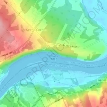 Mappa topografica Keswick Ridge, altitudine, rilievo