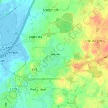 Mappa topografica Beusloe, altitudine, rilievo