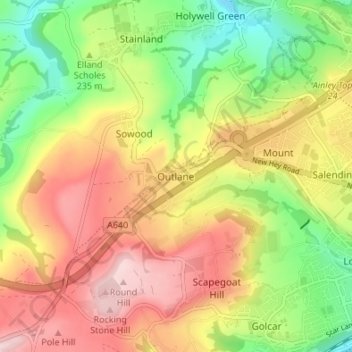 Mappa topografica Outlane, altitudine, rilievo