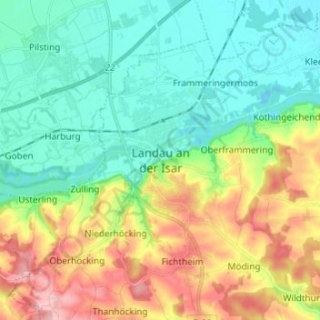 Mappa topografica Landau an der Isar, altitudine, rilievo