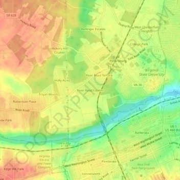 Mappa topografica River Road Estates, altitudine, rilievo