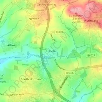 Mappa topografica Hilcote, altitudine, rilievo