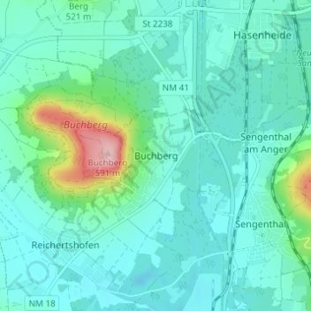 Mappa topografica Buchberg, altitudine, rilievo