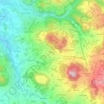 Mappa topografica Rougeac, altitudine, rilievo
