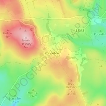 Mappa topografica Princetown, altitudine, rilievo