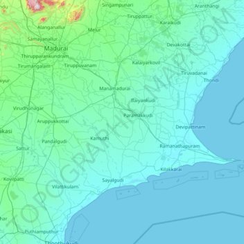 Mappa topografica Ramnathapuram, altitudine, rilievo