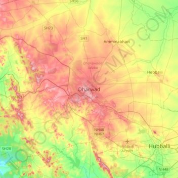 Mappa topografica Dharwad, altitudine, rilievo