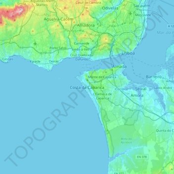Mappa topografica Costa da Caparica, altitudine, rilievo