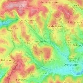 Mappa topografica Hützemert, altitudine, rilievo