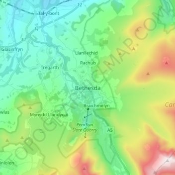 Mappa topografica Bethesda, altitudine, rilievo