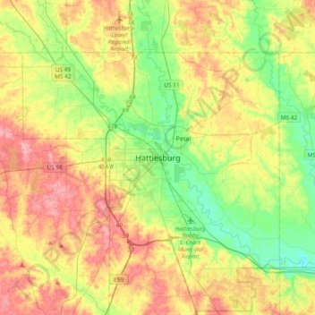 Mappa topografica Hattiesburg, altitudine, rilievo
