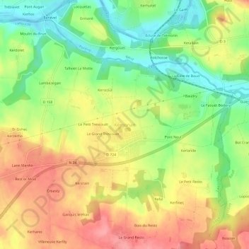 Mappa topografica Kergonan, altitudine, rilievo