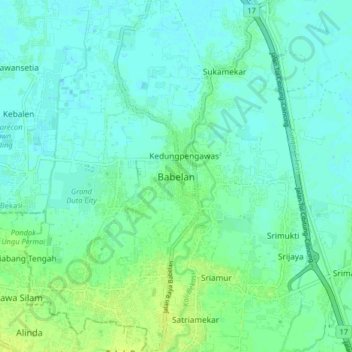 Mappa topografica Babelan, altitudine, rilievo
