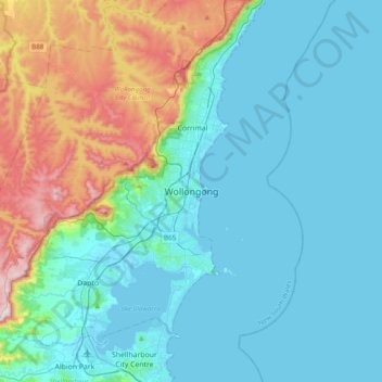 Mappa topografica Wollongong, altitudine, rilievo