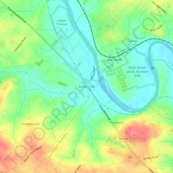 Mappa topografica Parker Ford, altitudine, rilievo
