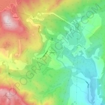 Mappa topografica Kokako, altitudine, rilievo