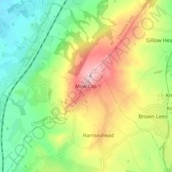 Mappa topografica Mow Cop, altitudine, rilievo
