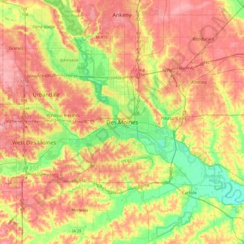 Mappa topografica Des Moines, altitudine, rilievo