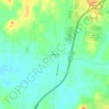 Mappa topografica Gladeville, altitudine, rilievo