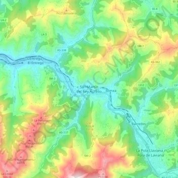 Mappa topografica San Martín del Rey Aurelio, altitudine, rilievo