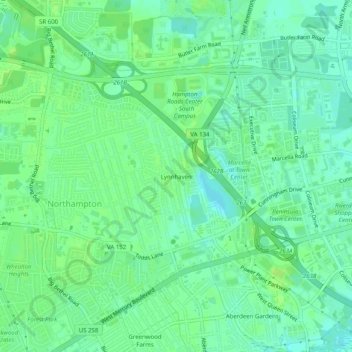 Mappa topografica Lynnhaven, altitudine, rilievo