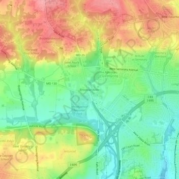 Mappa topografica Brooklandville, altitudine, rilievo