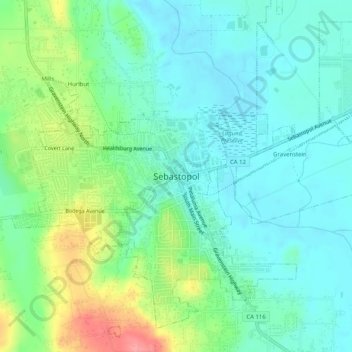 Mappa topografica Sebastopol, altitudine, rilievo
