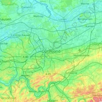 Mappa topografica Dortmund, altitudine, rilievo