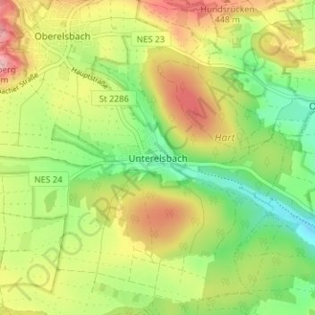 Mappa topografica Unterelsbach, altitudine, rilievo