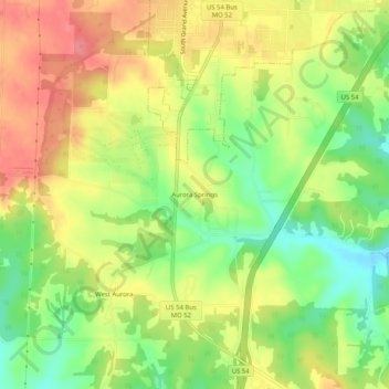 Mappa topografica Aurora Springs, altitudine, rilievo