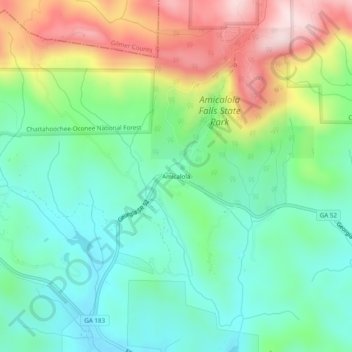 Mappa topografica Amicalola, altitudine, rilievo