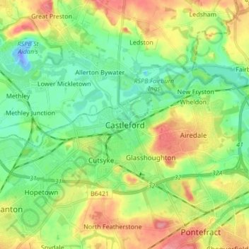 Mappa topografica Castleford, altitudine, rilievo