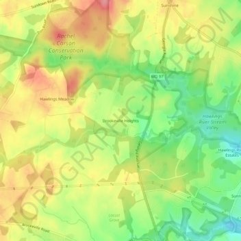 Mappa topografica Brookeville Heights, altitudine, rilievo